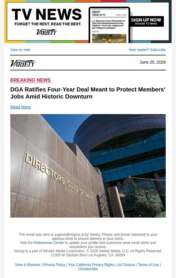 DGA Ratifies Four-Year Deal Meant to Protect Members' Jobs Amid Historic Downturn email from Variety screenshot