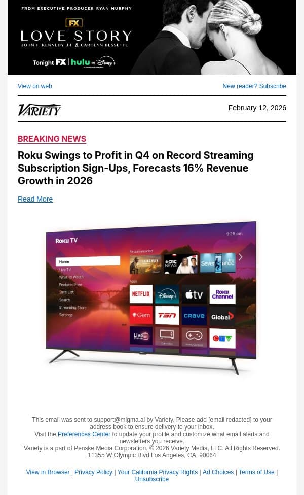 Roku Swings to Profit in Q4 on Record Streaming Subscription Sign-Ups, Forecasts 16% Revenue Growth in 2026 email from Variety screenshot