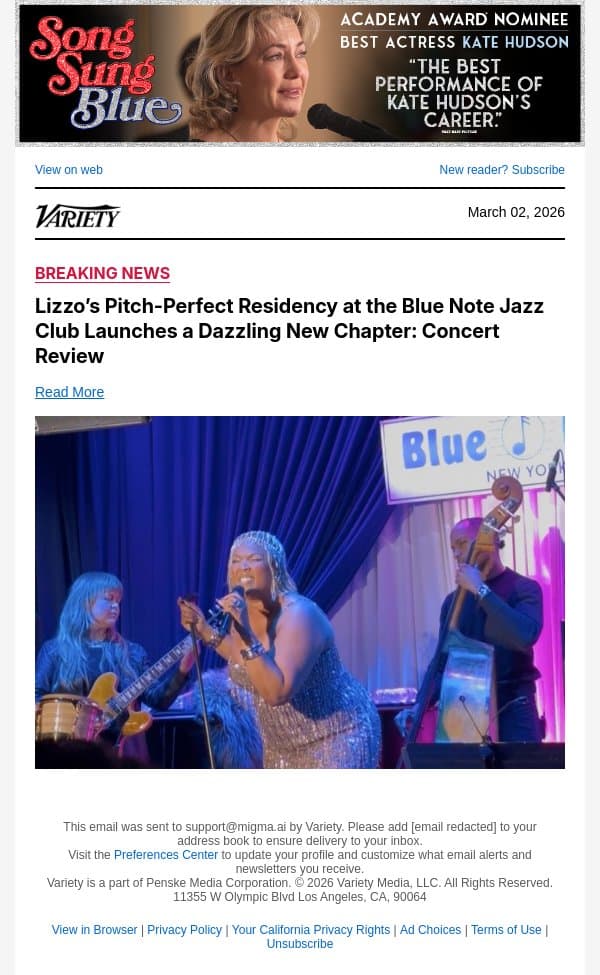 Lizzo’s Pitch-Perfect Residency at the Blue Note Jazz Club Launches a Dazzling New Chapter: Concert Review email from Variety screenshot