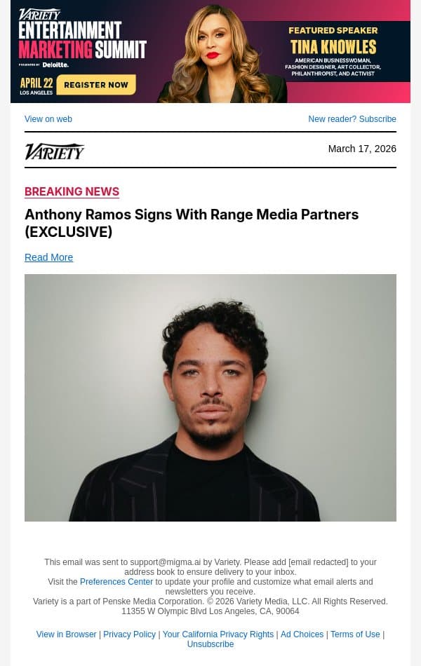 Anthony Ramos Signs With Range Media Partners (EXCLUSIVE) email from Variety screenshot