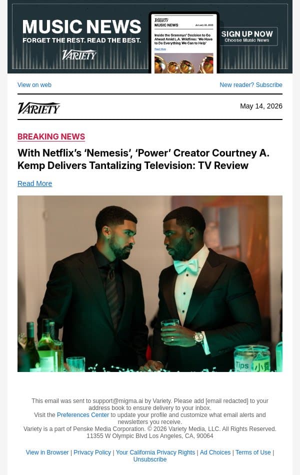 With Netflix’s ‘Nemesis’, ‘Power’ Creator Courtney A. Kemp Delivers Tantalizing Television: TV Review email from Variety screenshot