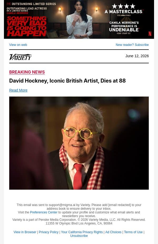 David Hockney, Iconic British Artist, Dies at 88 email from Variety screenshot