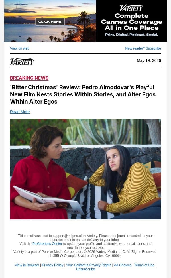 'Bitter Christmas' Review: Pedro Almodóvar's Playful New Film Nests Stories Within Stories, and Alter Egos Within Alter Egos email from Variety screenshot