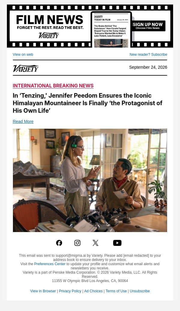 In ‘Tenzing,' Jennifer Peedom Ensures the Iconic Himalayan Mountaineer Is Finally ‘the Protagonist of His Own Life’ email from Variety screenshot