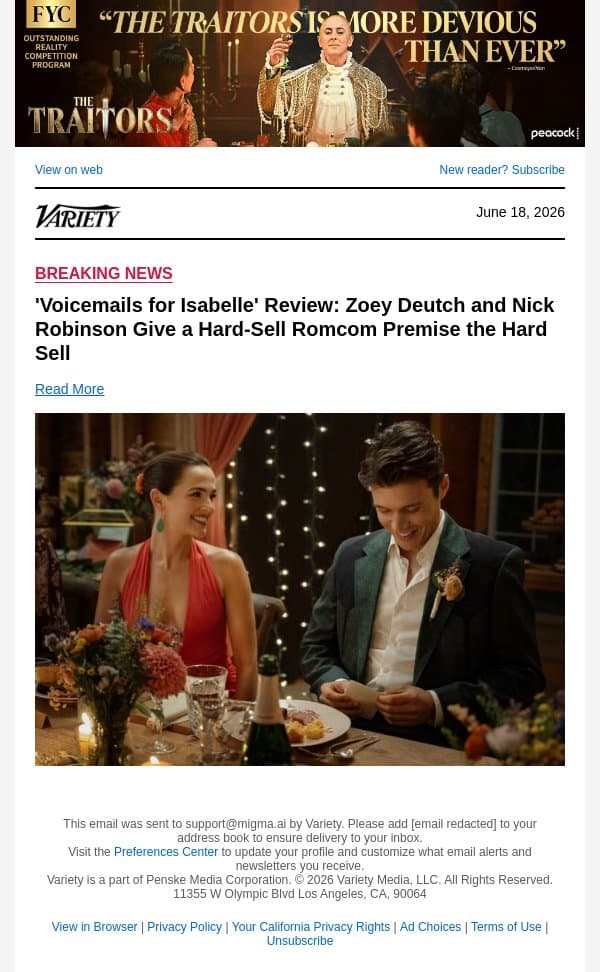 'Voicemails for Isabelle' Review: Zoey Deutch and Nick Robinson Give a Hard-Sell Romcom Premise the Hard Sell email from Variety screenshot