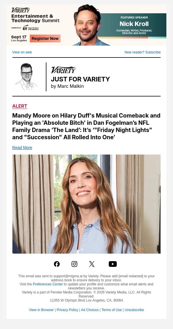 Mandy Moore on Hilary Duff's Musical Comeback and Playing an 'Absolute Bitch' in Dan Fogelman’s NFL Family Drama ‘The Land’: It’s ‘"Friday Night Lights" and "Succession" All Rolled Into One’ email from Variety screenshot
