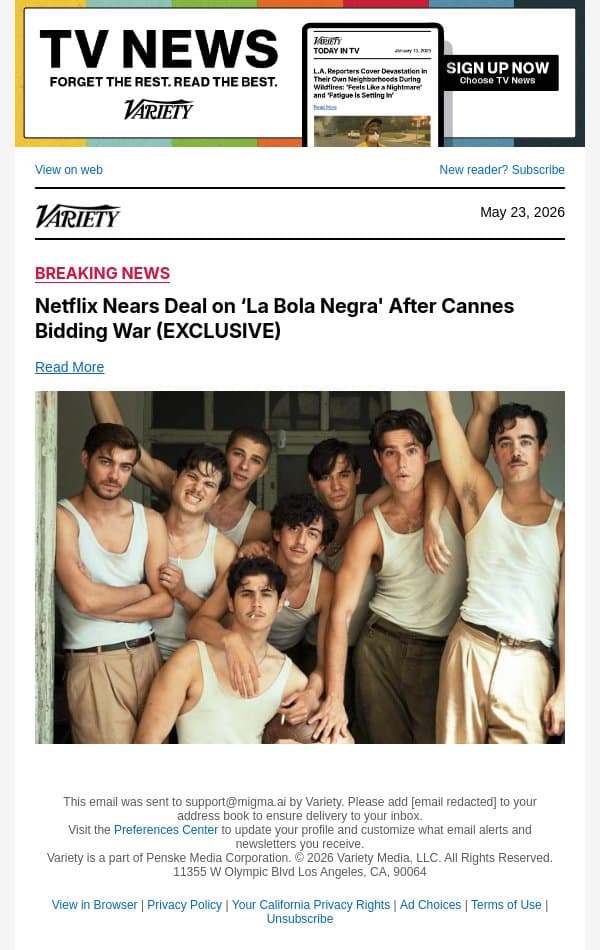 Netflix Nears Deal on ‘La Bola Negra' After Cannes Bidding War (EXCLUSIVE) email from Variety screenshot