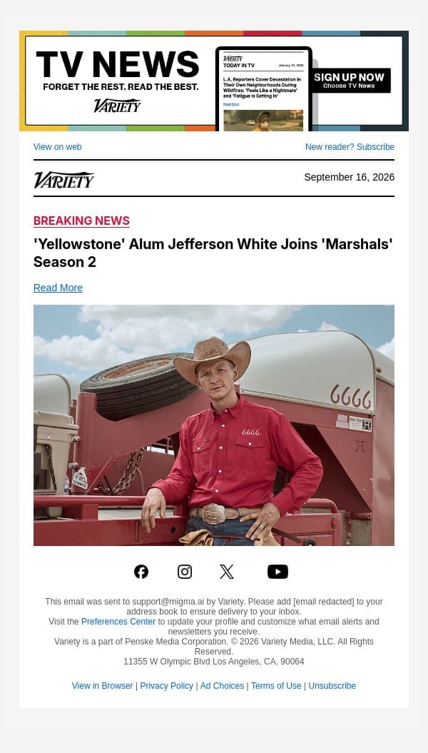 'Yellowstone' Alum Jefferson White Joins 'Marshals' Season 2 email from Variety screenshot