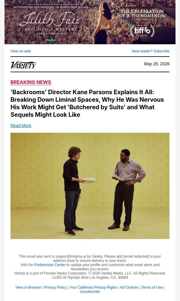 'Backrooms' Director Kane Parsons Explains It All: Breaking Down Liminal Spaces, Why He Was Nervous His Work Might Get 'Butchered by Suits' and What Sequels Might Look Like email from Variety screenshot