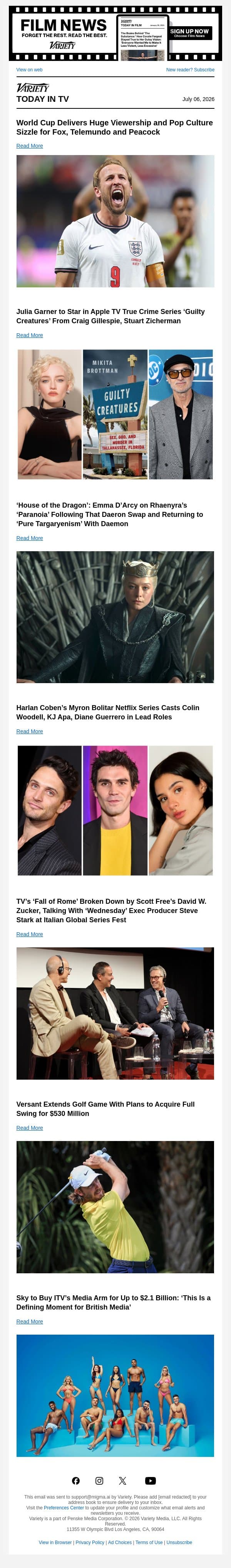 World Cup Ratings; Julia Garner Apple TV True Crime Series; Emma D’Arcy on 'House of the Dragon' email from Variety screenshot