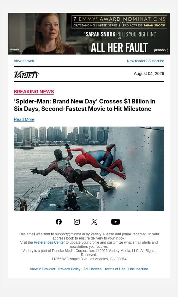 'Spider-Man: Brand New Day' Crosses $1 Billion in Six Days, Second-Fastest Movie to Hit Milestone email from Variety screenshot