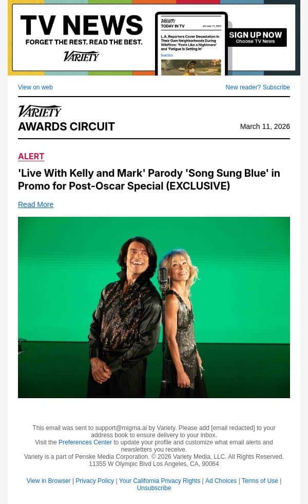 'Live With Kelly and Mark' Parody 'Song Sung Blue' in Promo for Post-Oscar Special (EXCLUSIVE) email from Variety screenshot