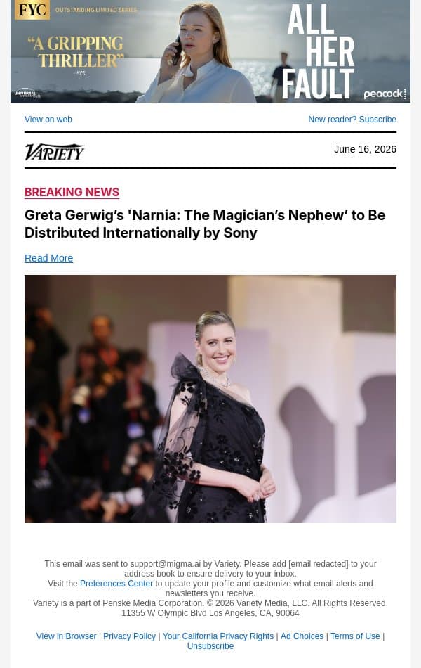 Greta Gerwig’s 'Narnia: The Magician’s Nephew’ to Be Distributed Internationally by Sony email from Variety screenshot