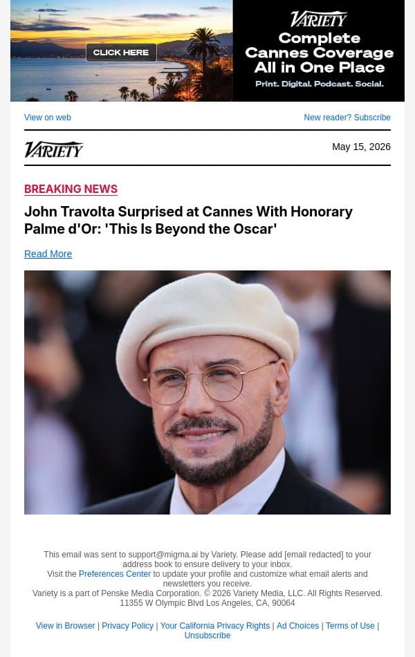 John Travolta Surprised at Cannes With Honorary Palme d'Or: 'This Is Beyond the Oscar' email from Variety screenshot