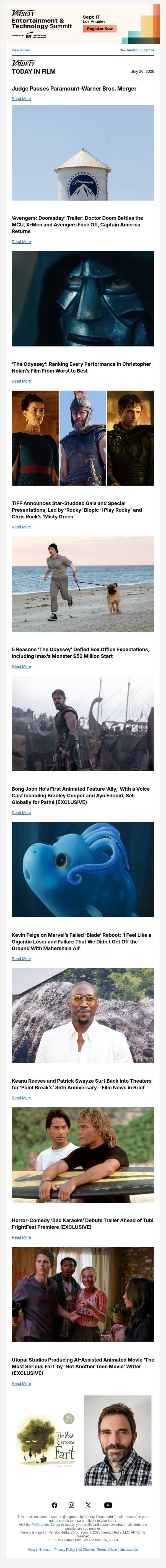 Paramount-WB Merger Paused; ‘Avengers: Doomsday’ Trailer; Ranking Every 'Odyssey' Performance email from Variety screenshot