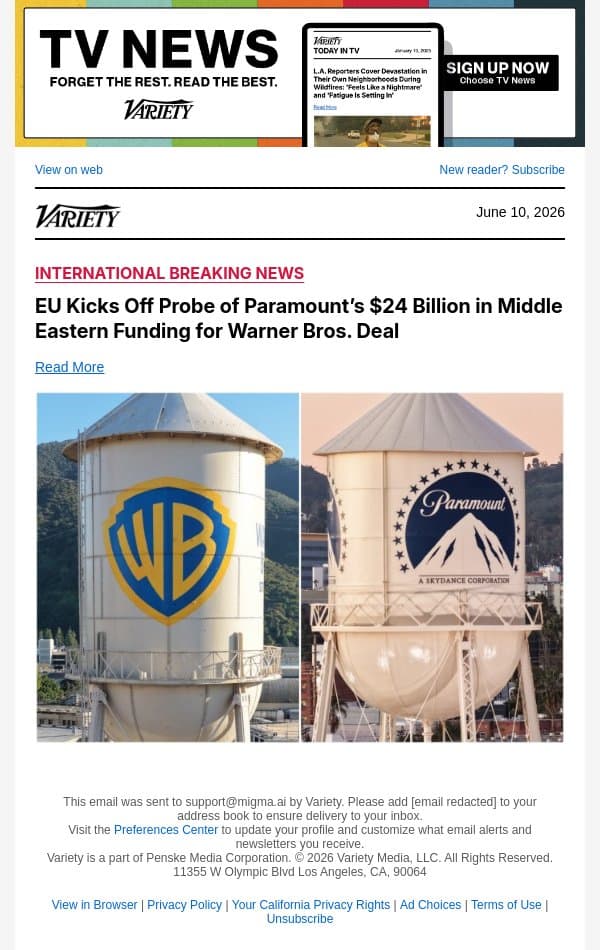EU Kicks Off Probe of Paramount’s $24 Billion in Middle Eastern Funding for Warner Bros. Deal email from Variety screenshot