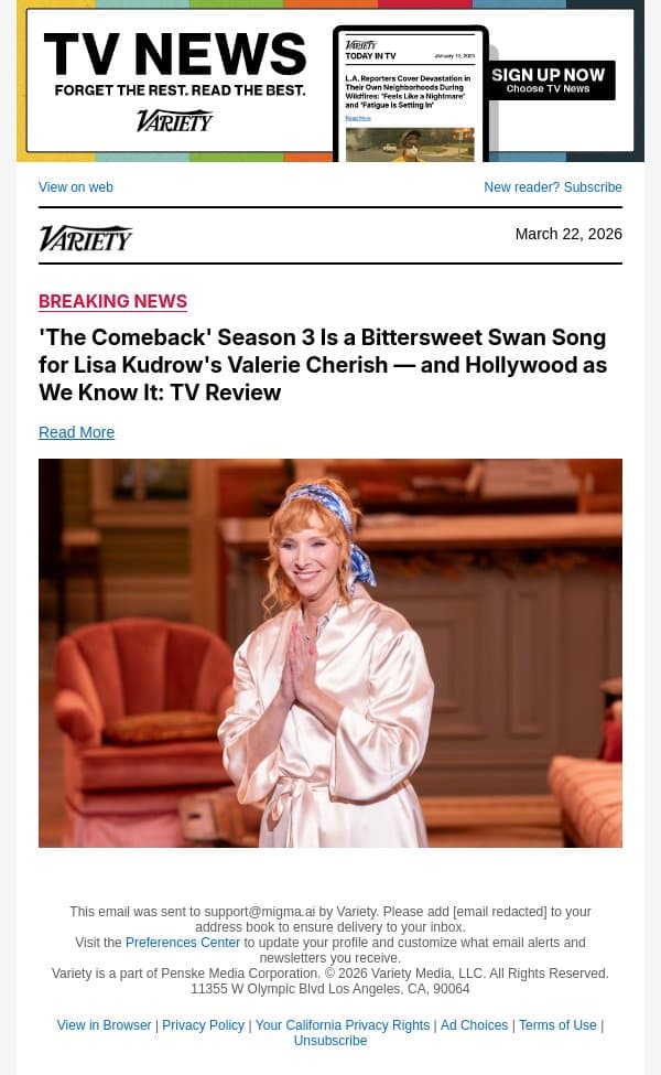 'The Comeback' Season 3 Is a Bittersweet Swan Song for Lisa Kudrow's Valerie Cherish — and Hollywood as We Know It: TV Review email from Variety screenshot