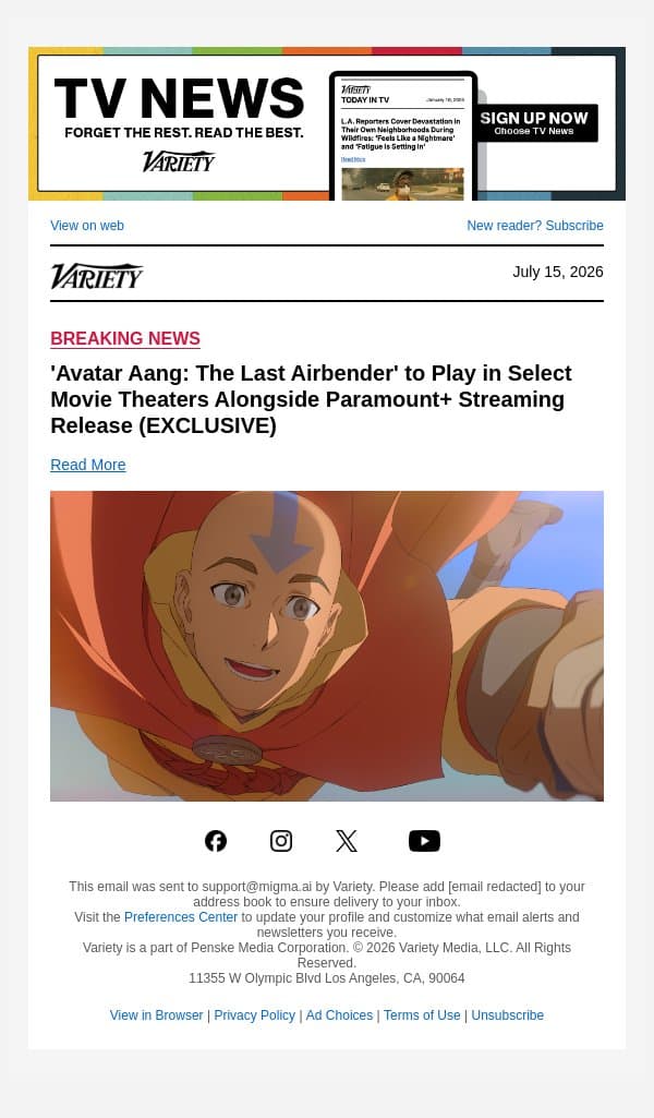 'Avatar Aang: The Last Airbender' to Play in Select Movie Theaters Alongside Paramount+ Streaming Release (EXCLUSIVE) email from Variety screenshot