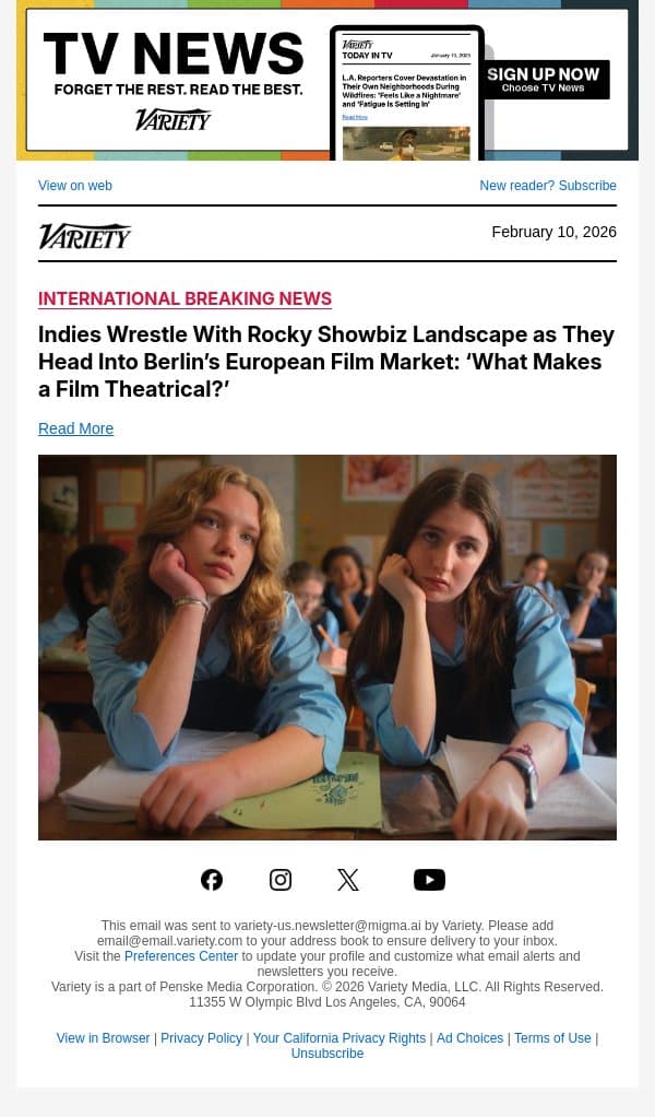Indies Wrestle With Rocky Showbiz Landscape as They Head Into Berlin’s European Film Market: ‘What Makes a Film Theatrical?’ email from Variety screenshot