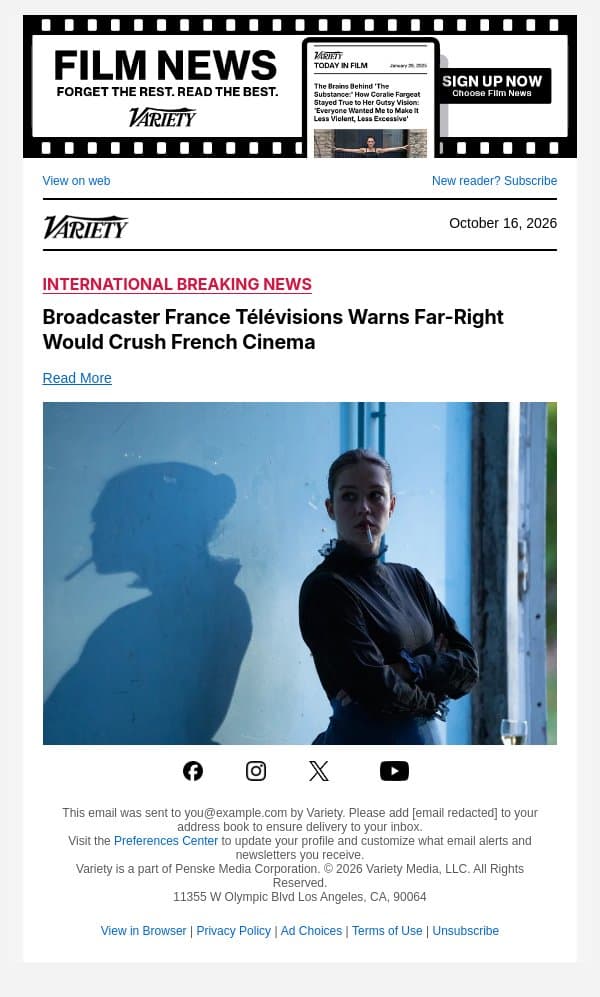 Broadcaster France Télévisions Warns Far-Right Would Crush French Cinema email from Variety screenshot