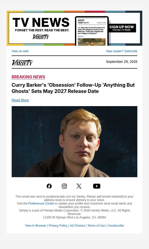 Curry Barker's 'Obsession' Follow-Up 'Anything But Ghosts' Sets May 2027 Release Date email from Variety screenshot