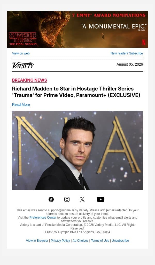 Richard Madden to Star in Hostage Thriller Series 'Trauma' for Prime Video, Paramount+ (EXCLUSIVE) email from Variety screenshot