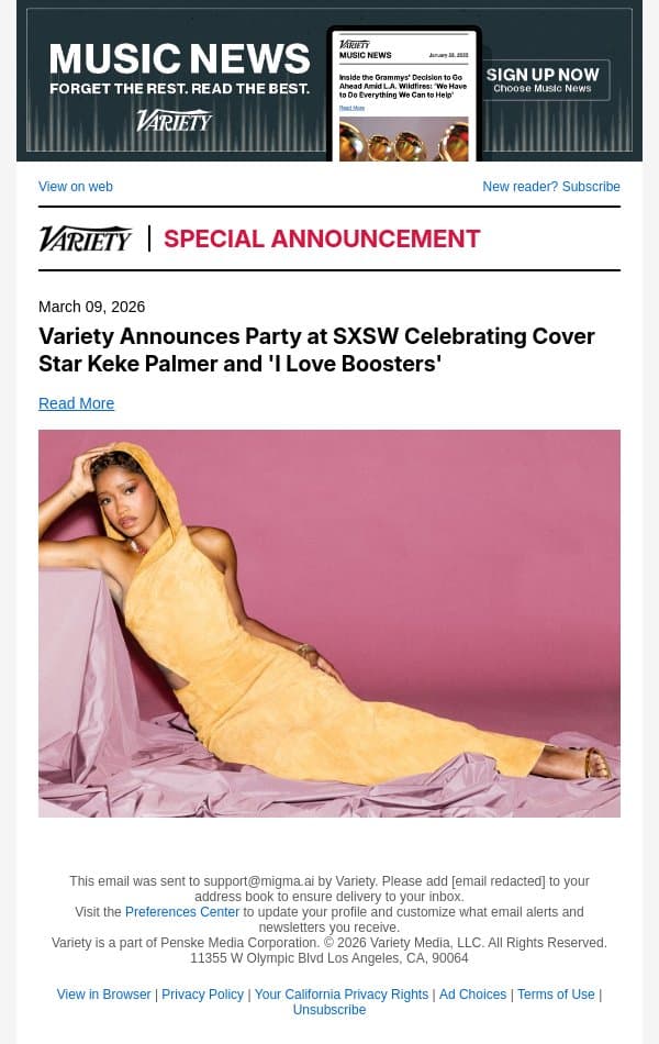 Variety Announces Party at SXSW Celebrating Cover Star Keke Palmer and 'I Love Boosters' email from Variety screenshot