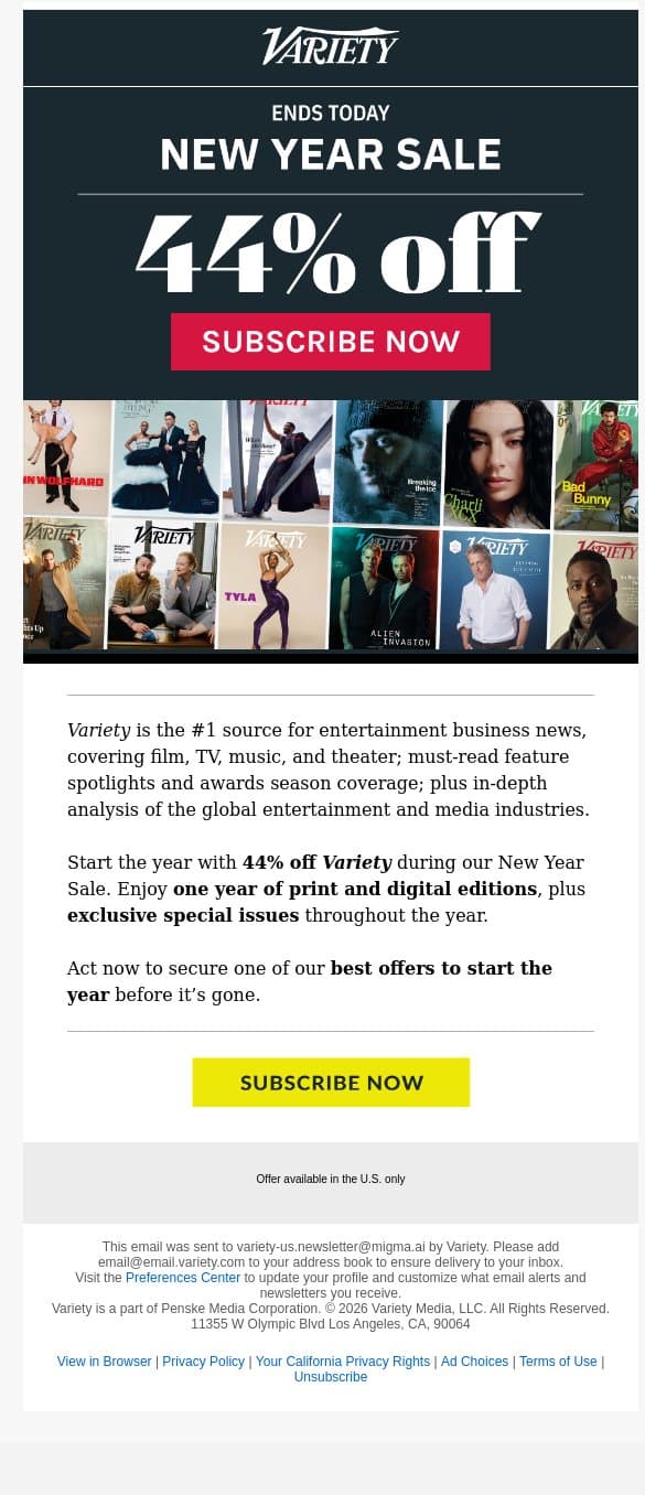 Last Chance: New Year Sale — 44% Off Variety email from Variety screenshot