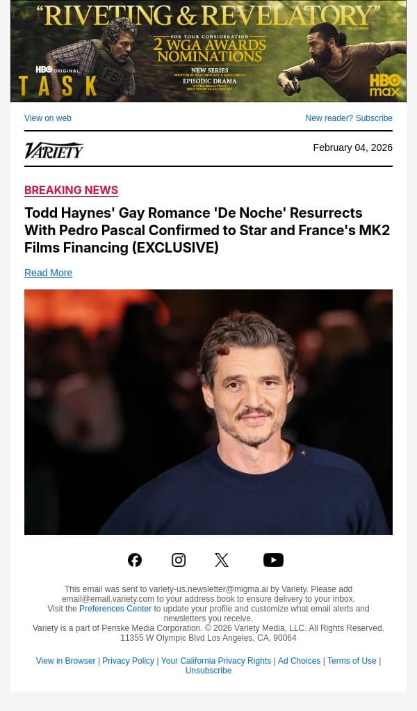 Todd Haynes' Gay Romance 'De Noche' Resurrects With Pedro Pascal Confirmed to Star and France's MK2 Films Financing (EXCLUSIVE) email from Variety screenshot