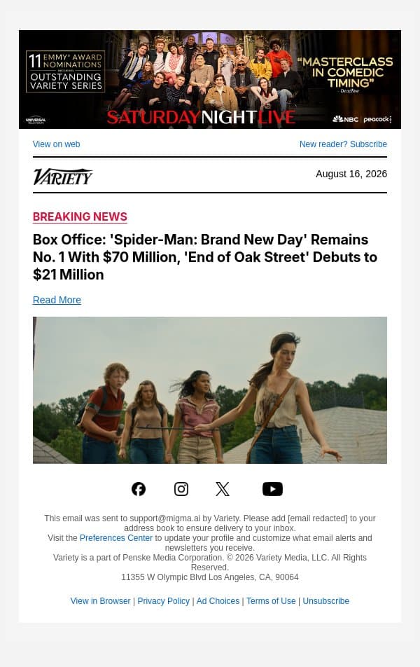 Box Office: 'Spider-Man: Brand New Day' Remains No. 1 With $70 Million, 'End of Oak Street' Debuts to $21 Million email from Variety screenshot