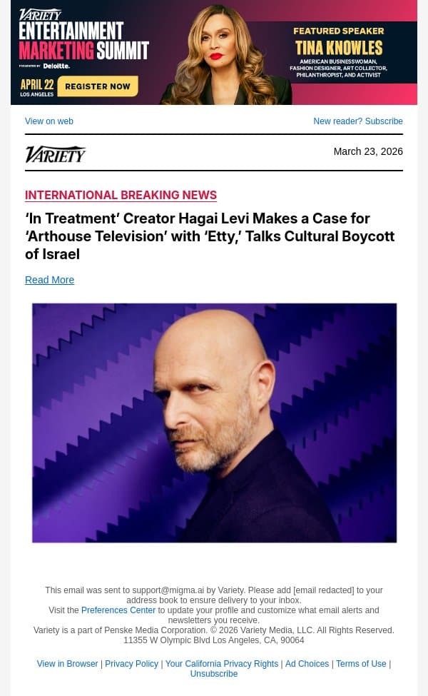 ‘In Treatment’ Creator Hagai Levi Makes a Case for ‘Arthouse Television’ with ‘Etty,’ Talks Cultural Boycott of Israel email from Variety screenshot