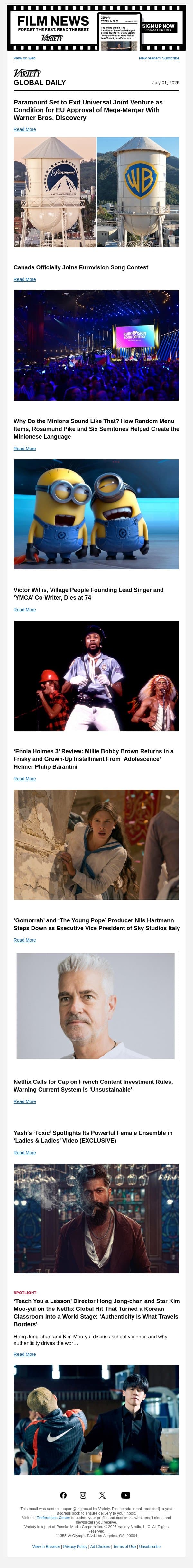 Paramount Agrees to EU Conditions; Canada Joins Eurovision; Why Do Minions Sound Like That? email from Variety screenshot