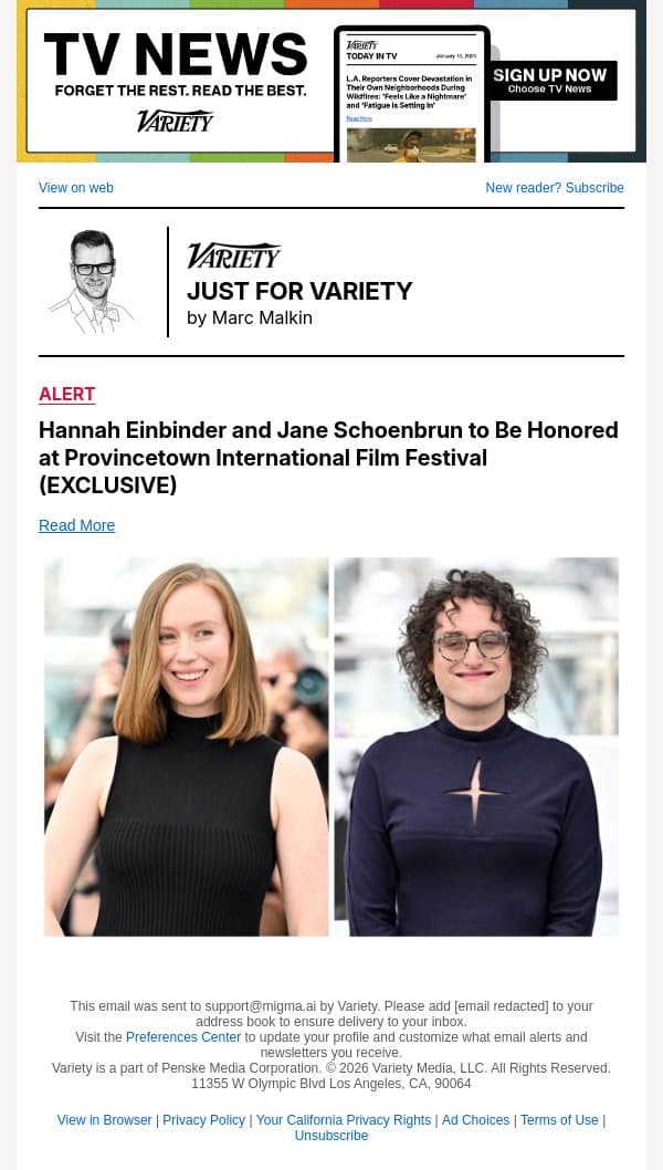 Hannah Einbinder and Jane Schoenbrun to Be Honored at Provincetown International Film Festival (EXCLUSIVE) email from Variety screenshot