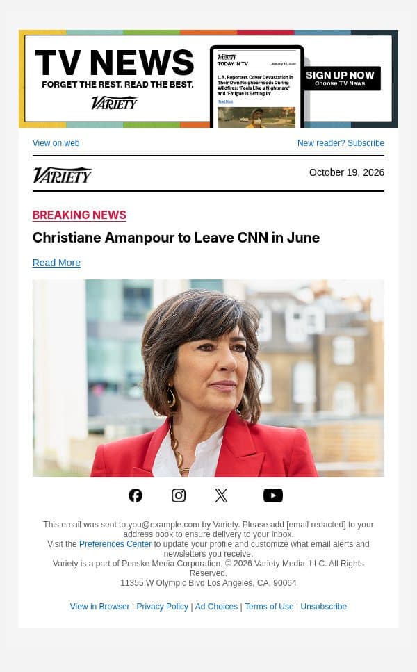Christiane Amanpour to Leave CNN in June email from Variety screenshot