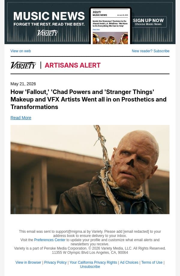 How 'Fallout,' 'Chad Powers and 'Stranger Things' Makeup and VFX Artists Went all in on Prosthetics and Transformations email from Variety screenshot