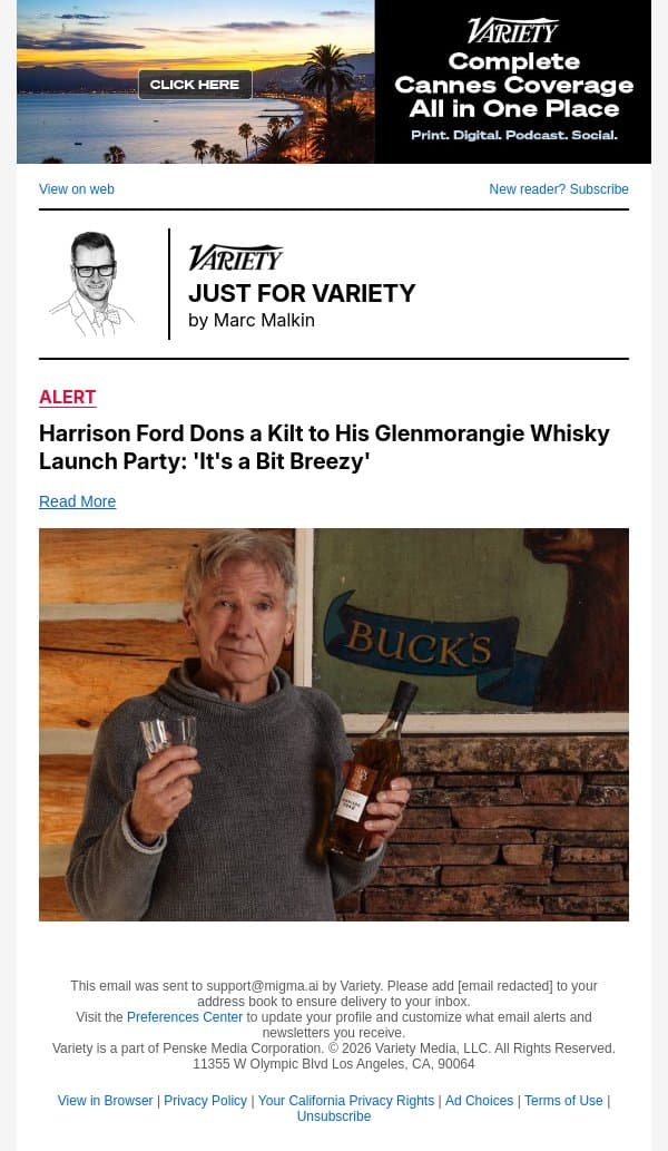 Harrison Ford Dons a Kilt to His Glenmorangie Whisky Launch Party: 'It's a Bit Breezy' email from Variety screenshot