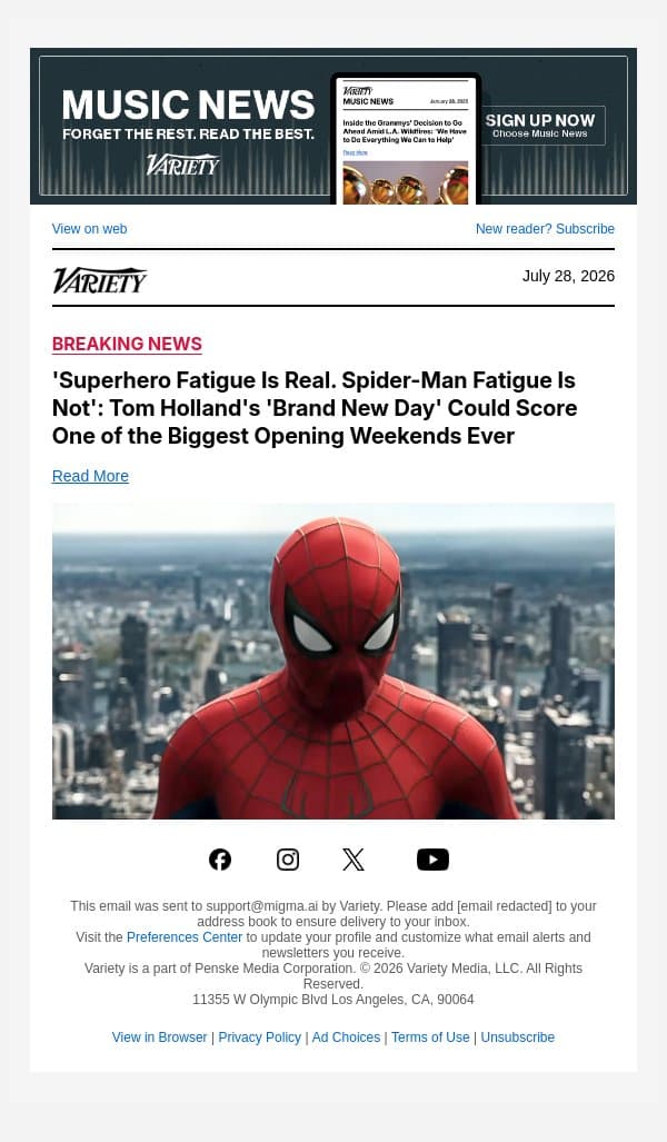 'Superhero Fatigue Is Real. Spider-Man Fatigue Is Not': Tom Holland's 'Brand New Day' Could Score One of the Biggest Opening Weekends Ever email from Variety screenshot