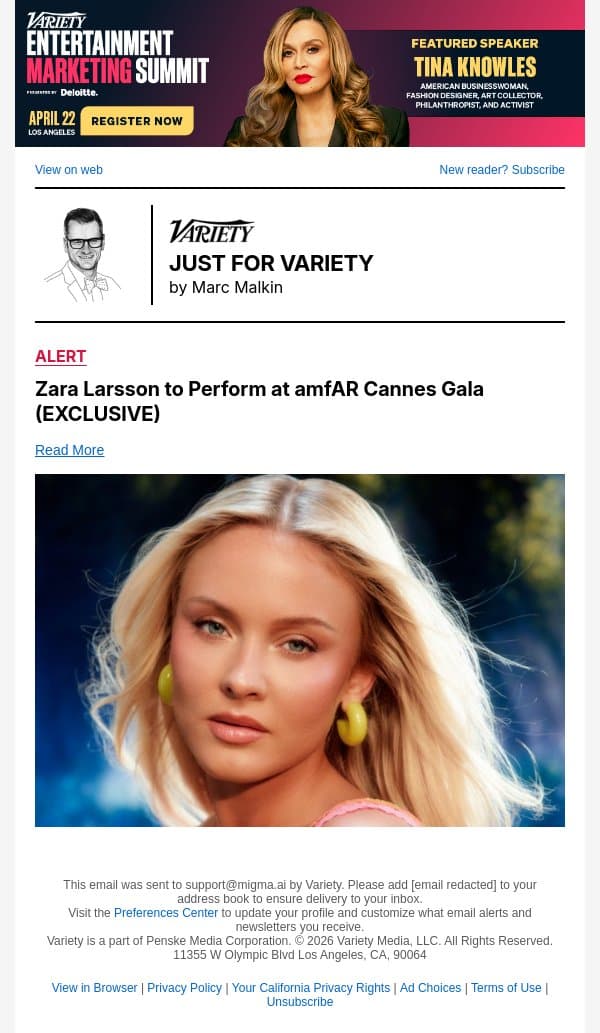 Zara Larsson to Perform at amfAR Cannes Gala (EXCLUSIVE) email from Variety screenshot