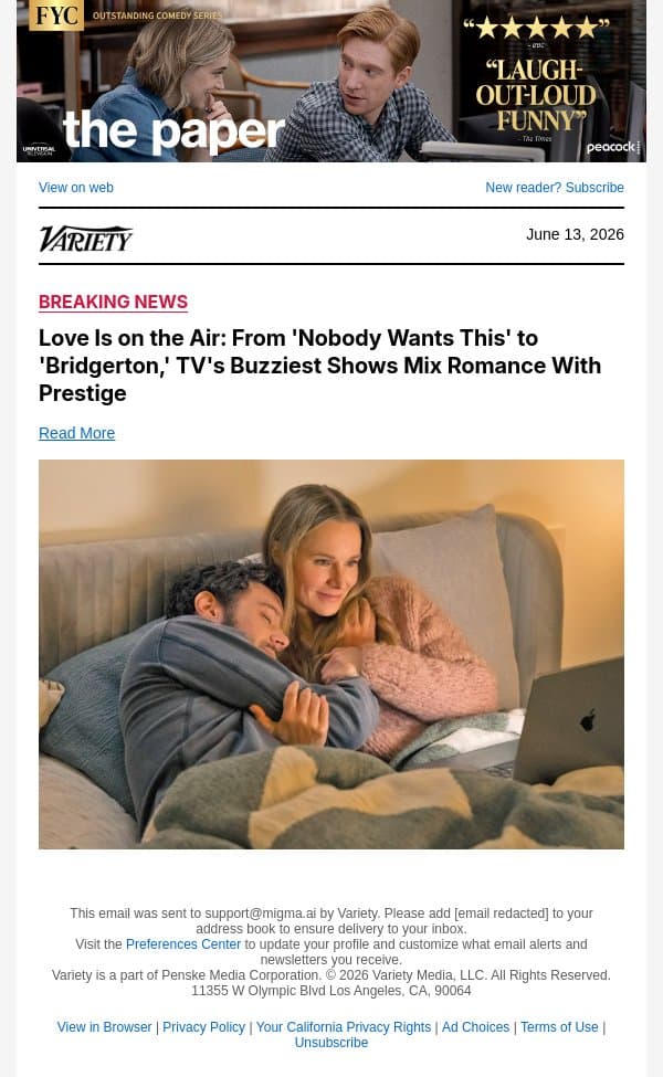 Love Is on the Air: From 'Nobody Wants This' to 'Bridgerton,' TV's Buzziest Shows Mix Romance With Prestige email from Variety screenshot