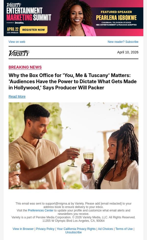 Why the Box Office for 'You, Me and Tuscany' Matters: 'Audiences Have the Power to Dictate What Gets Made in Hollywood,' Says Producer Will Packer email from Variety screenshot