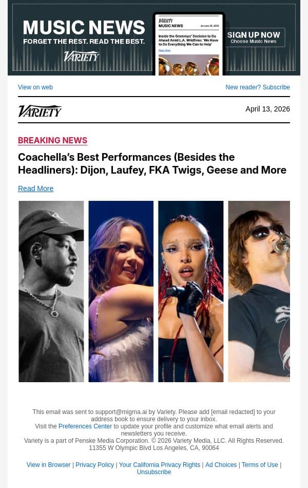 Coachella’s Best Performances (Besides the Headliners): Dijon, Laufey, FKA Twigs, Geese and More email from Variety screenshot