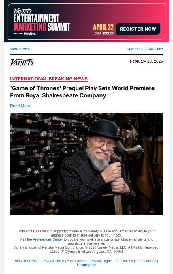 'Game of Thrones' Prequel Play Sets World Premiere From Royal Shakespeare Company email from Variety screenshot