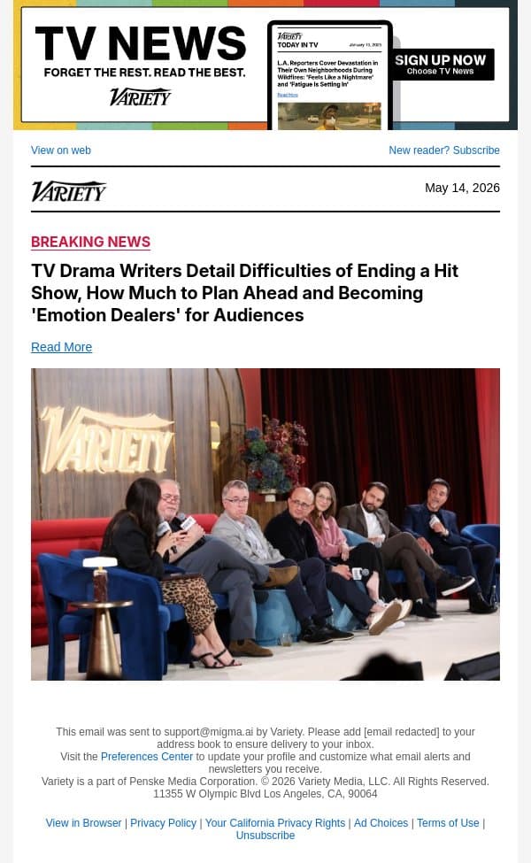 TV Drama Writers Detail Difficulties of Ending a Hit Show, How Much to Plan Ahead and Becoming 'Emotion Dealers' for Audiences email from Variety screenshot
