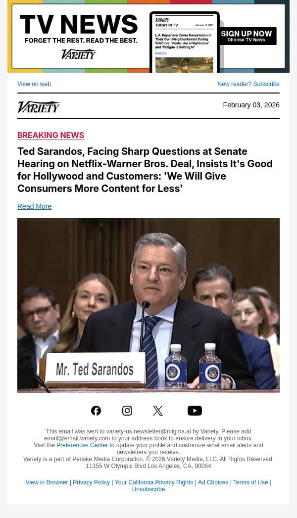 Ted Sarandos, Facing Sharp Questions at Senate Hearing on Netflix-Warner Bros. Deal, Insists It's Good for Hollywood and Customers: 'We Will Give Consumers More Content for Less' email from Variety screenshot