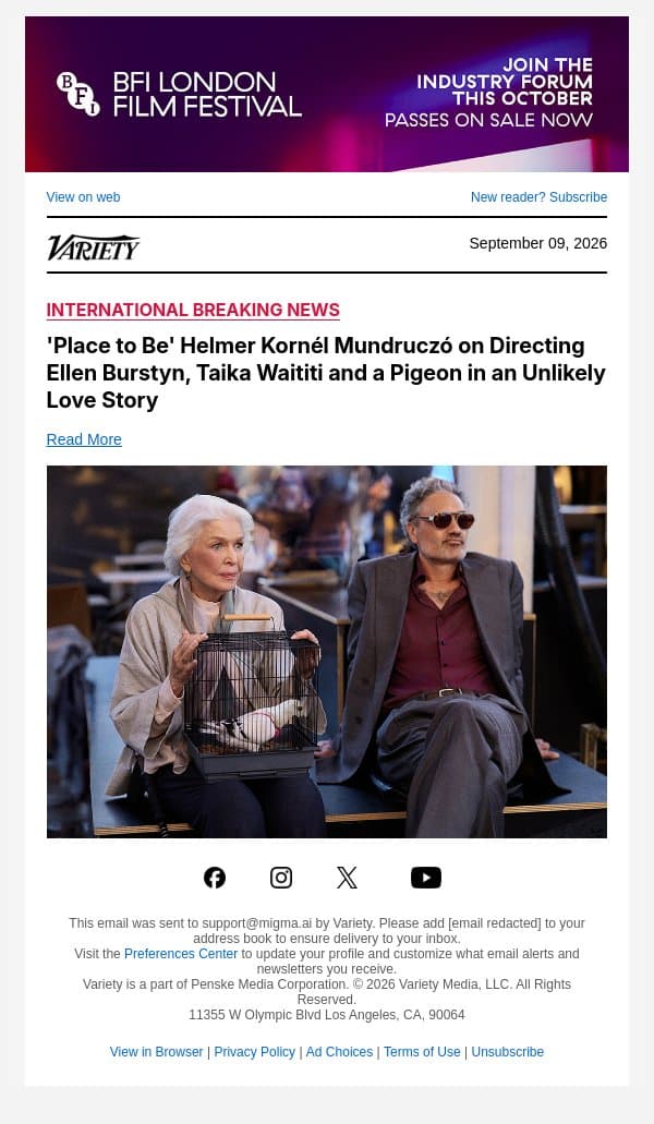 'Place to Be' Helmer Kornél Mundruczó on Directing Ellen Burstyn, Taika Waititi and a Pigeon in an Unlikely Love Story email from Variety screenshot