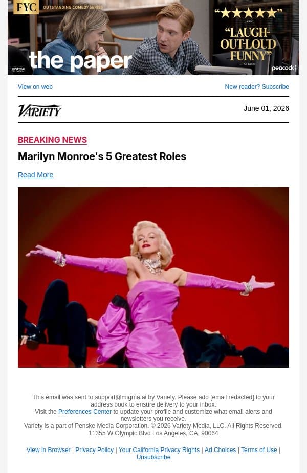 Marilyn Monroe's 5 Greatest Roles email from Variety screenshot