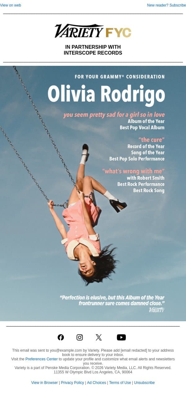 FOR YOUR GRAMMY® CONSIDERATION - Olivia Rodrigo email from Variety screenshot