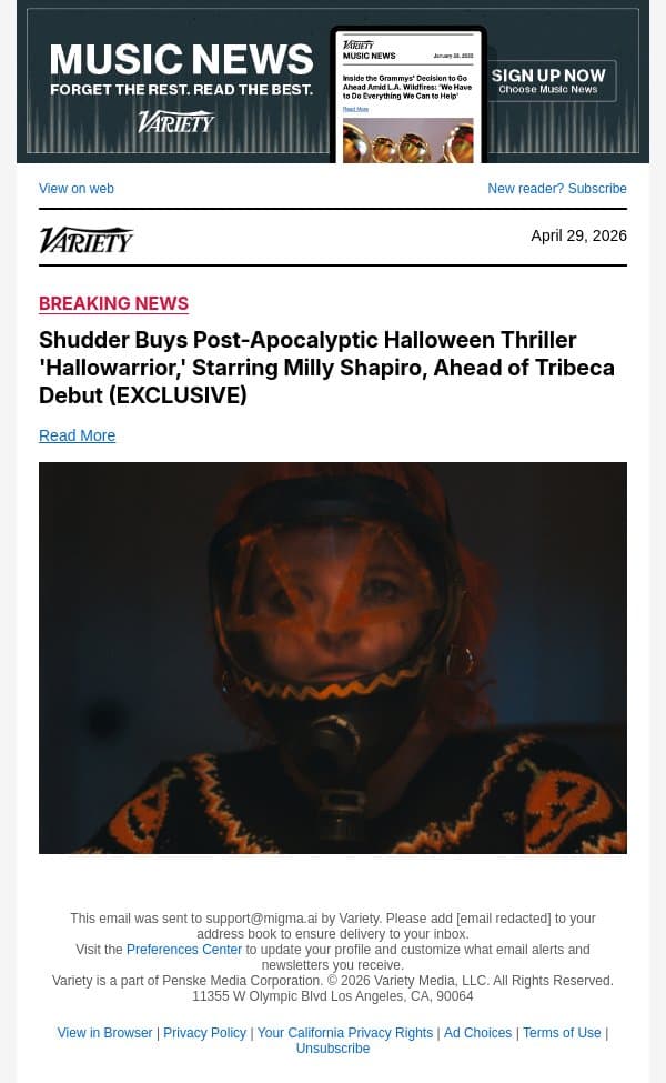 Shudder Buys Post-Apocalyptic Halloween Thriller 'Hallowarrior,' Starring Milly Shapiro, Ahead of Tribeca Debut (EXCLUSIVE) email from Variety screenshot