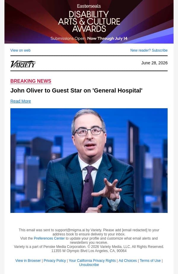John Oliver to Guest Star on 'General Hospital' email from Variety screenshot