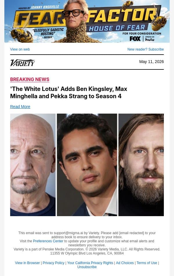'The White Lotus' Adds Ben Kingsley, Max Minghella and Pekka Strang to Season 4 email from Variety screenshot